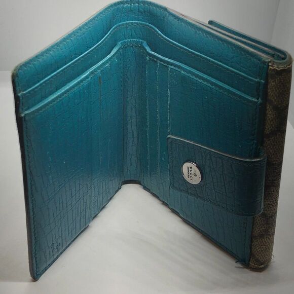 Authentic GUCCI Brown Coated Canvas & Teal Leather Designer Wallet - Picture 9 of 12